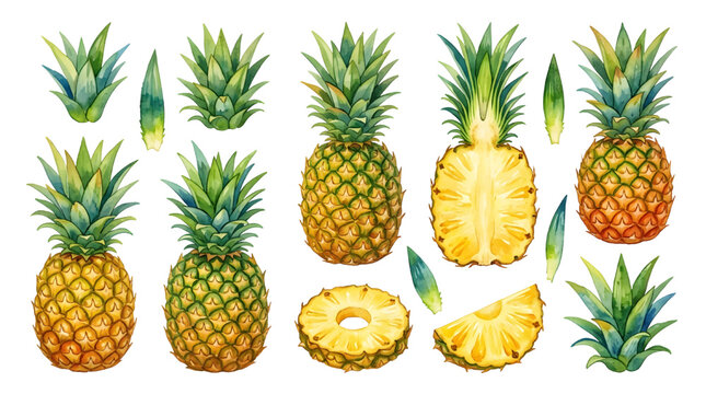 Watercolor vector hand painted jucy pineapple fruit set