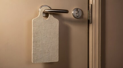 Fototapeta premium Blank door hanger on a hotel room doorknob.