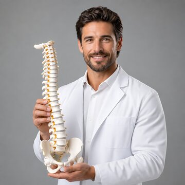 Smiling male chiropractor holding human spine model in studio against grey background, depicting spinal health care