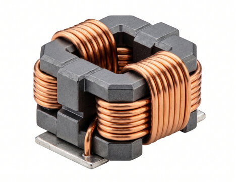 Macro view of an SMD power inductor featuring a dark grey ferrite core wrapped in bare copper wire. Micro-electronic hardware.