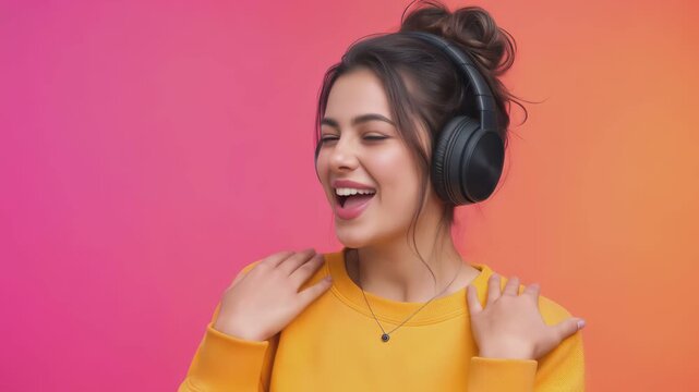 Radiant woman listening to music in wireless headphones. Cheerful person enjoying favorite playlist against vibrant gradient background. Lockdown medium shot.