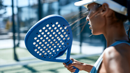 Fototapeta premium Editorial sports photography focused on a solid blue padel racket with no logo, no patterns, no graphics, held by a brunette woman in her 30s performing a forehand on a green padel