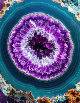 A vibrant amethyst geode, showcasing a captivating violet crystal cluster with teal banding