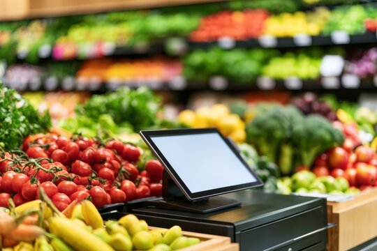 Digital scale with touchscreen in a grocery store surrounded by fresh tomatoes, bananas, and other colorful fruits and vegetables.