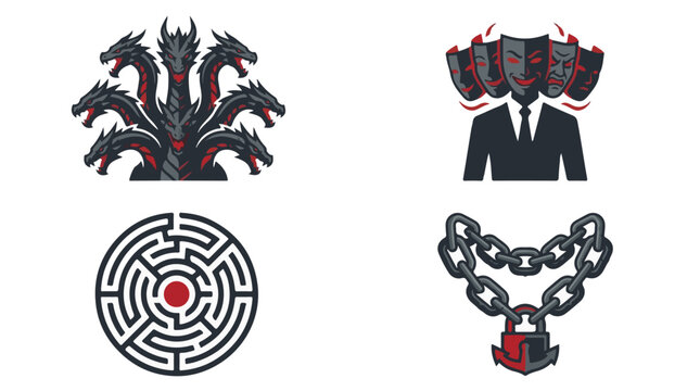 Mythical Hydra monster, multi-headed dragon creature. Business man with five angry mask shields, corporate identity crisis. Circular labyrinth maze