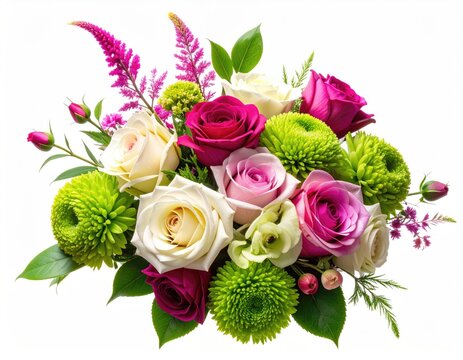 Vibrant bouquet of roses, chrysanthemums, and astilbe with greenery