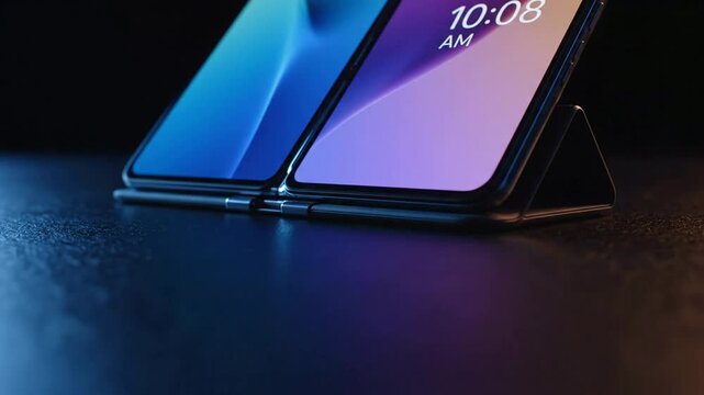Dual screen foldable smartphone on display, modern mobile technology concept with vibrant blue and purple gradient interface lighting