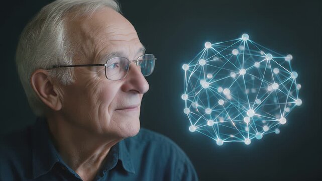 Senior scientist observing glowing neural network model. Close-up of elderly man with glasses looking at digital visualization of artificial intelligence.