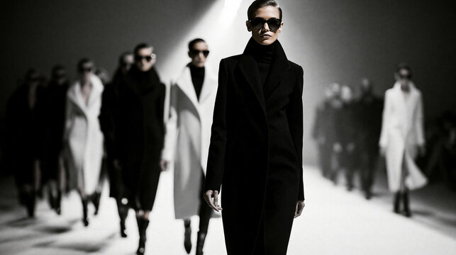 Authentic documentary-style black and white runway photograph. A dynamic group shot of models in dark and light avant-garde coats walking towards the lens. The spotlight creates hi