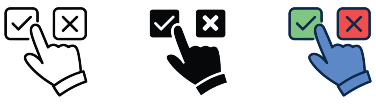 Hand clicking on check and cross mark icons for right wrong option selection survey voting UX UI analysis approval rejection, vector design.