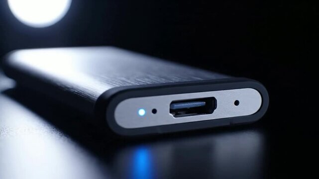 Sleek portable external ssd with blinking blue led indicator light for high-speed data storage and tech connectivity