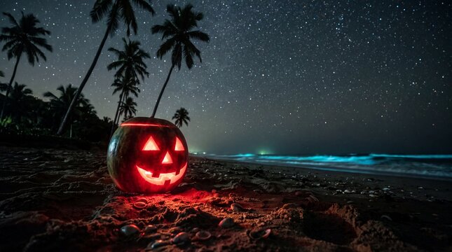 Glowing watermelon jack-o'-lantern on a dark sandy beach with seashells, tall palm trees, starry night sky, and bioluminescent ocean waves
