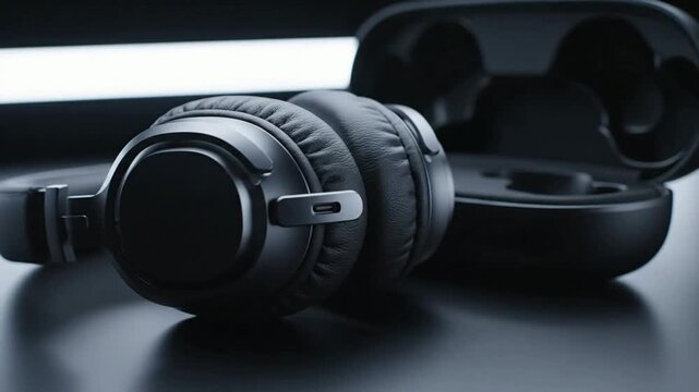 Black wireless over-ear headphones with charging case, modern minimalist audio gear for studio and personal use