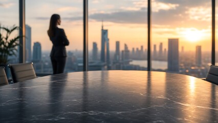 Fototapeta premium Dark marble conference table with silhouette of businesswoman looking out sunset window, symbolizing corporate leadership, business vision, strategy, and success