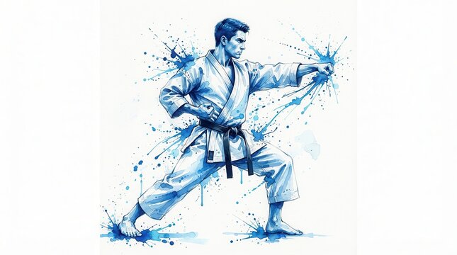 Karate athlete performing a kata in a blue watercolor style capturing discipline and technique.