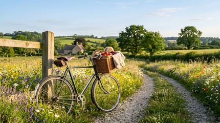 Fototapeta premium Vintage bicycle with picnic basket in a lush english countryside meadow