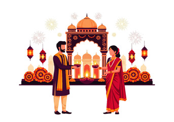 Obraz premium Vector flat design illustration of a couple celebrating Diwali with diyas and traditional Indian decorations