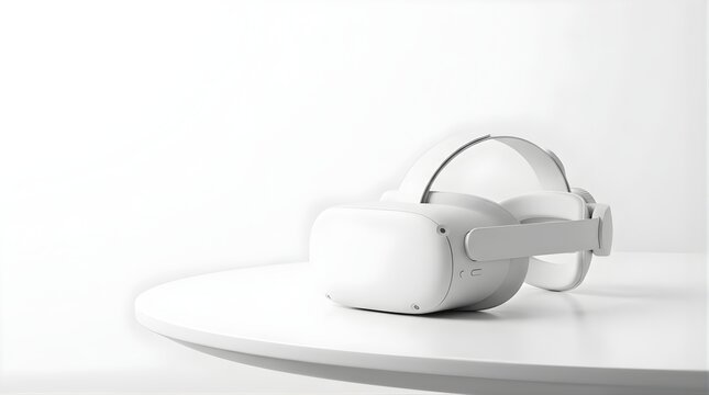 White virtual reality headset placed on a table against a studio background