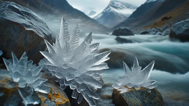 Frost and ice crystals by a river in Aconcagua mountain range