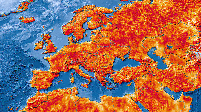 Europe topographic map with elevation and sea depth showing mountain ranges and water bodies in vibrant colors