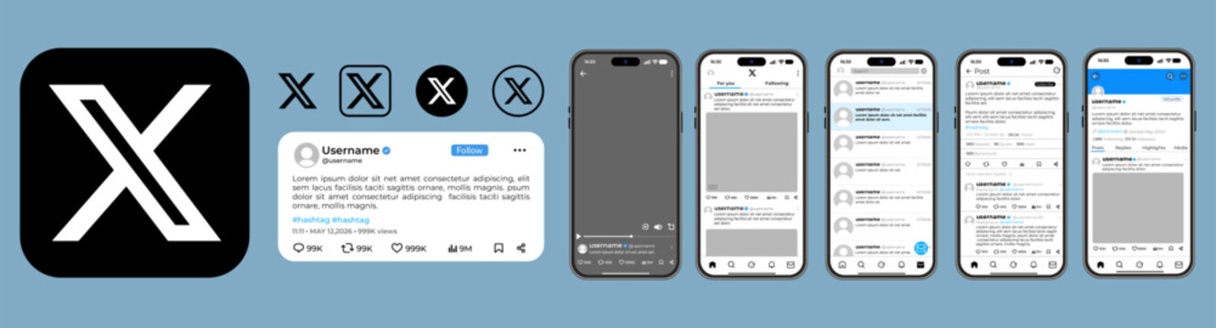 Modern X social media layout, Application icons with mobile screens, Clean design template for digital marketing