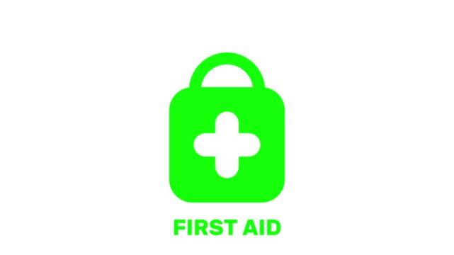 Vibrant first aid emergency kit with glowing green cross symbol, isolated on clean white background with subtle plus signs, seamless loop animation, symbolizing health, safety, and medical
