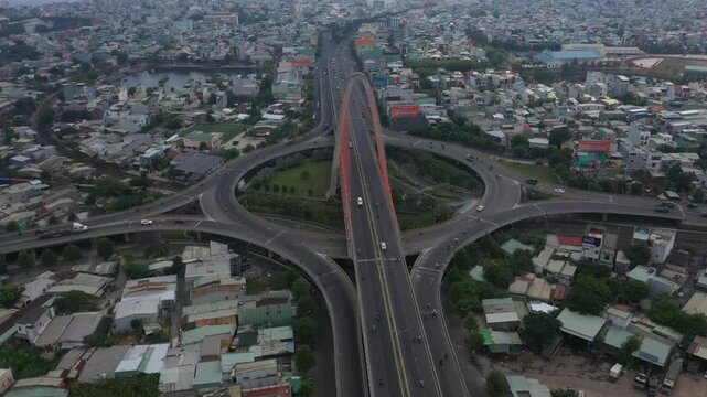Aerial drone footage of Da Nang city skyline and " nga 3 Hue " , Vietnam.