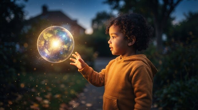 A child discovering instinct and subconscious wisdom by interacting with a glowing orb.