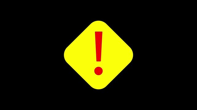 Minimalist exclamation mark warning sign animation on black background, caution alert notification