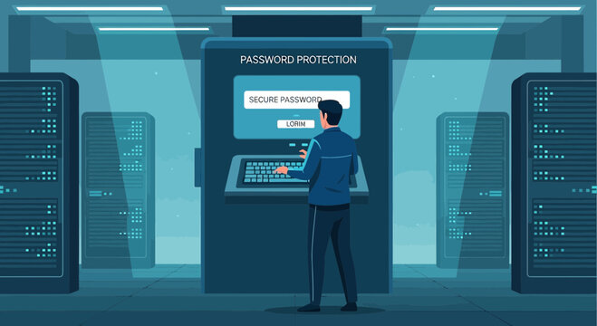 Man Entering Password in Server Room - Data Security Concept