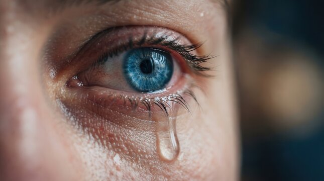 A crying blue eye capturing raw emotion and the vulnerability of human sadness.