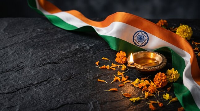 Indian flag ribbon with diya lamp and marigold flowers on stone
