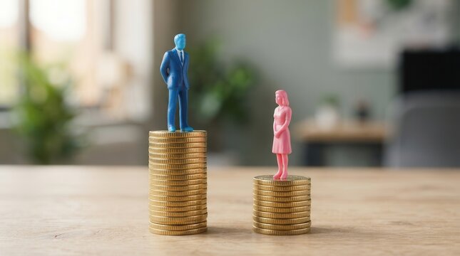 Concept of wage disparity and financial imbalance shown by male and female figures on different coin stacks.