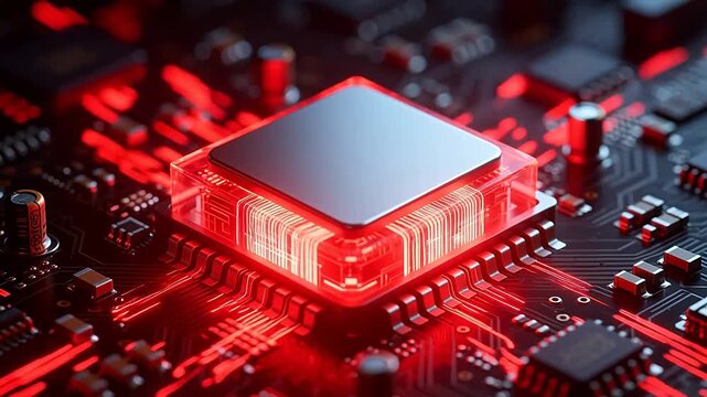 Glowing red cpu on circuit board