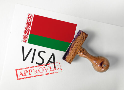Belarus Visa Approved with Rubber Stamp and flag
