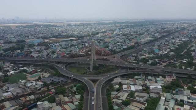 Aerial drone footage of Da Nang city skyline and " nga 3 Hue " , Vietnam.