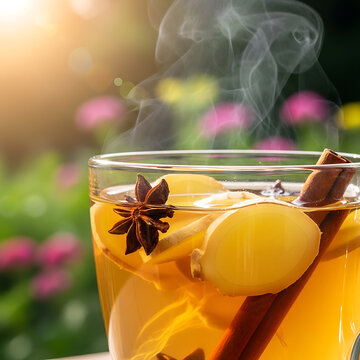 Hot ginger tea with cinnamon and star anise in a garden