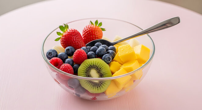 Fresh fruit salad in a glass bowl with a spoon