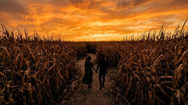 Romantic couple holding hands walking through a corn maze at sunset
