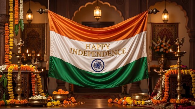 Indian independence day celebration with tricolor flag and traditional diyas