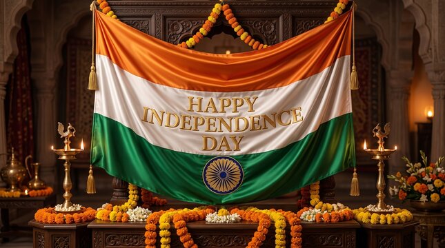 Festive indian independence day display with flag and marigold garlands