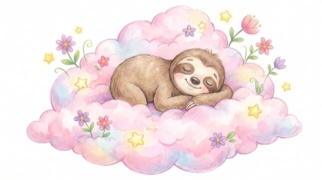 Cute sloth sleeping peacefully on a fluffy pink cloud surrounded by stars