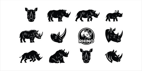Set of rhino silhouettes and emblem graphics for logo design with rhinoceros wildlife silhouette collection aggressive illustration creative © Nur-uz-zaman