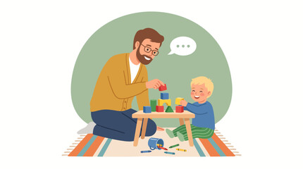 Fototapeta premium Father and son playing with colorful toy wooden blocks together at home flat vector illustration concept of parenting and early child development