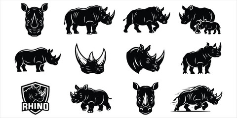 Rhino silhouette icons and badge graphic set for creative projects with rhinoceros wildlife silhouette collection aggressive illustration © Nur-uz-zaman