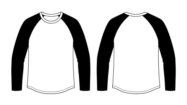 Men's long sleeve raglan contrast t-shirt flat sketch fashion illustration drawing template mock up with front and back view