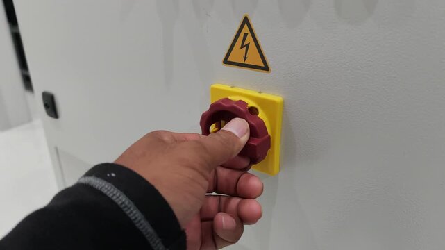 A close-up slow motion video of a technician's hand slowly turning a red and yellow main emergency switch on an electrical control panel with a high voltage warning sign