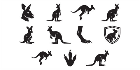Fototapeta premium Set of kangaroo icons and silhouettes showing various poses and actions with kangaroo silhouette australia wildlife marsupial collection isolated