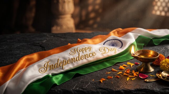 Indian independence day celebration with tricolor flag and diya lamp