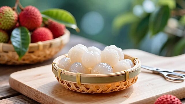 Fresh lychee fruit in a bamboo basket